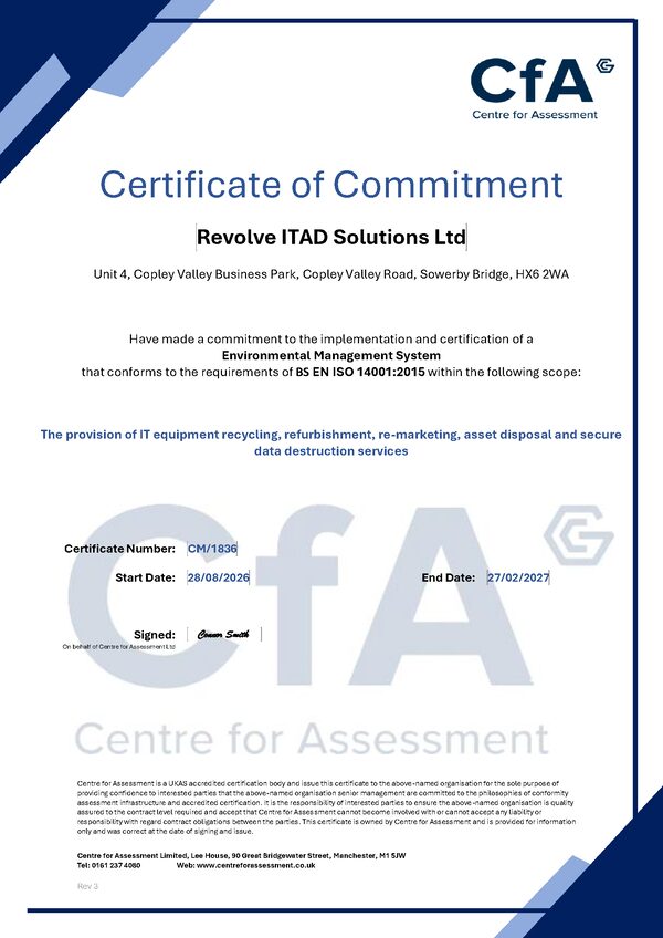 ISO 14001:2015 certificate of commitment issued to Revolve ITAD Solutions Ltd by Centre for Assessment, number CM/1836